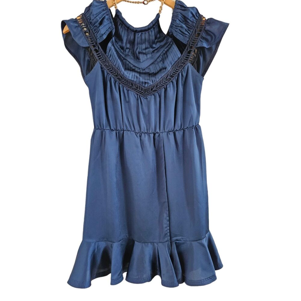 SELF Portrait Arrow Trim Satin Navy Blue Dress Womens Size 4 Retails for $385